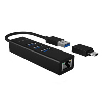 Ethernet-Adapter Gbit, RJ45, ICY BOX, USB-A (+ Typ-C Ad.) inkl. 3-Port Hub
