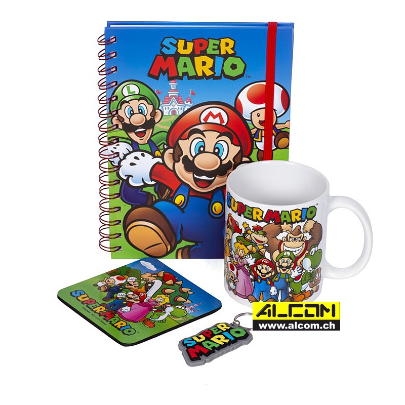 Geschenkbox: Super Mario (Tasse, Notizbuch, Untersetzer, Schlüsselanhänger)